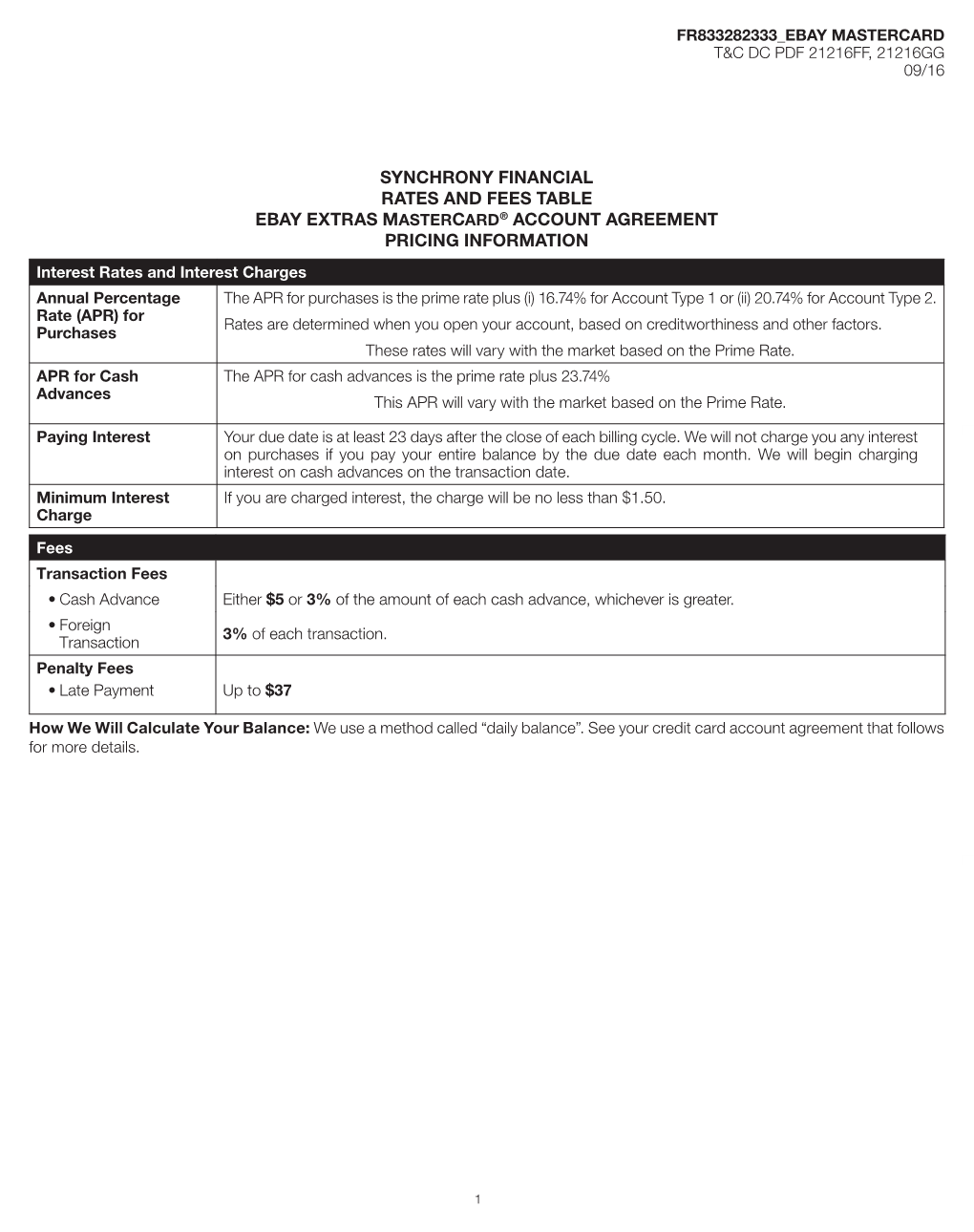 Synchrony Financial Rates and Fees Table Ebay Extras