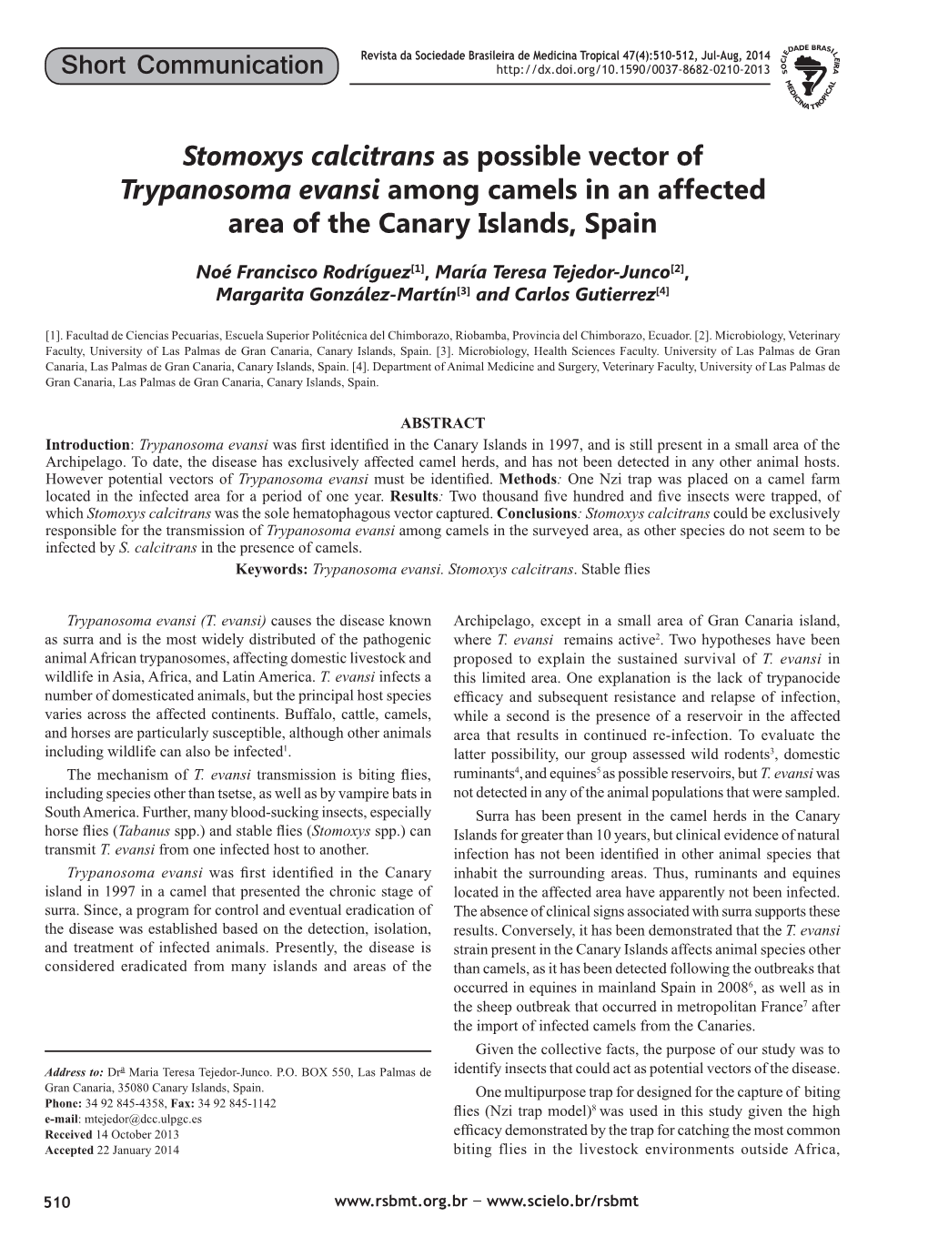 Stomoxys Calcitrans As Possible Vector of Trypanosoma Evansi Among Camels in an Affected Area of the Canary Islands, Spain