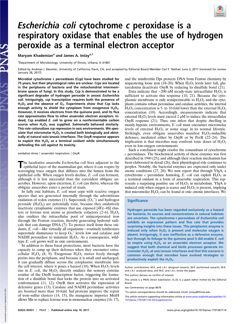 Escherichia Coli Cytochrome C Peroxidase Is a Respiratory Oxidase That Enables the Use of Hydrogen Peroxide As a Terminal Electron Acceptor