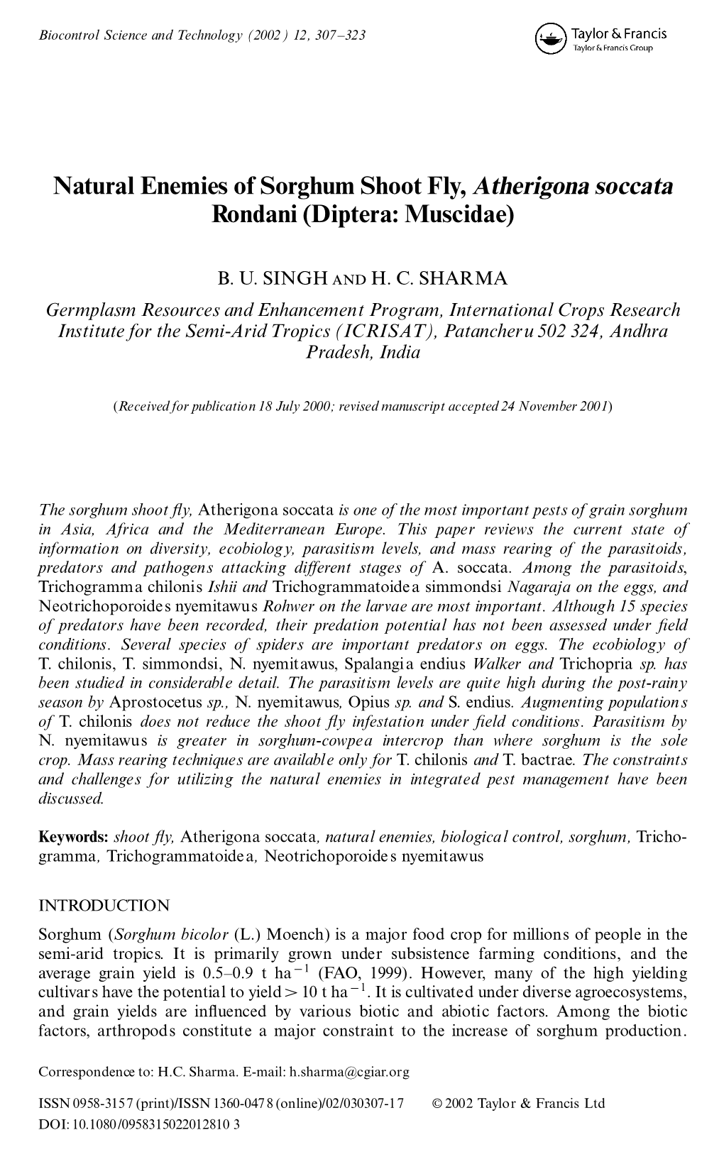 Natural Enemies of Sorghum Shoot Fly, Atherigona Soccata Rondani (Diptera: Muscidae)