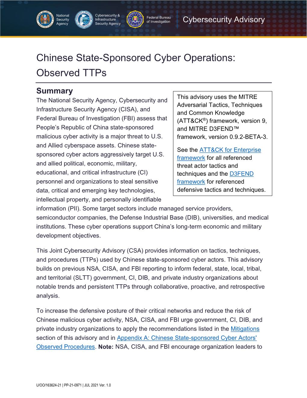 Chinese State-Sponsored Cyber Operations: Observed Ttps