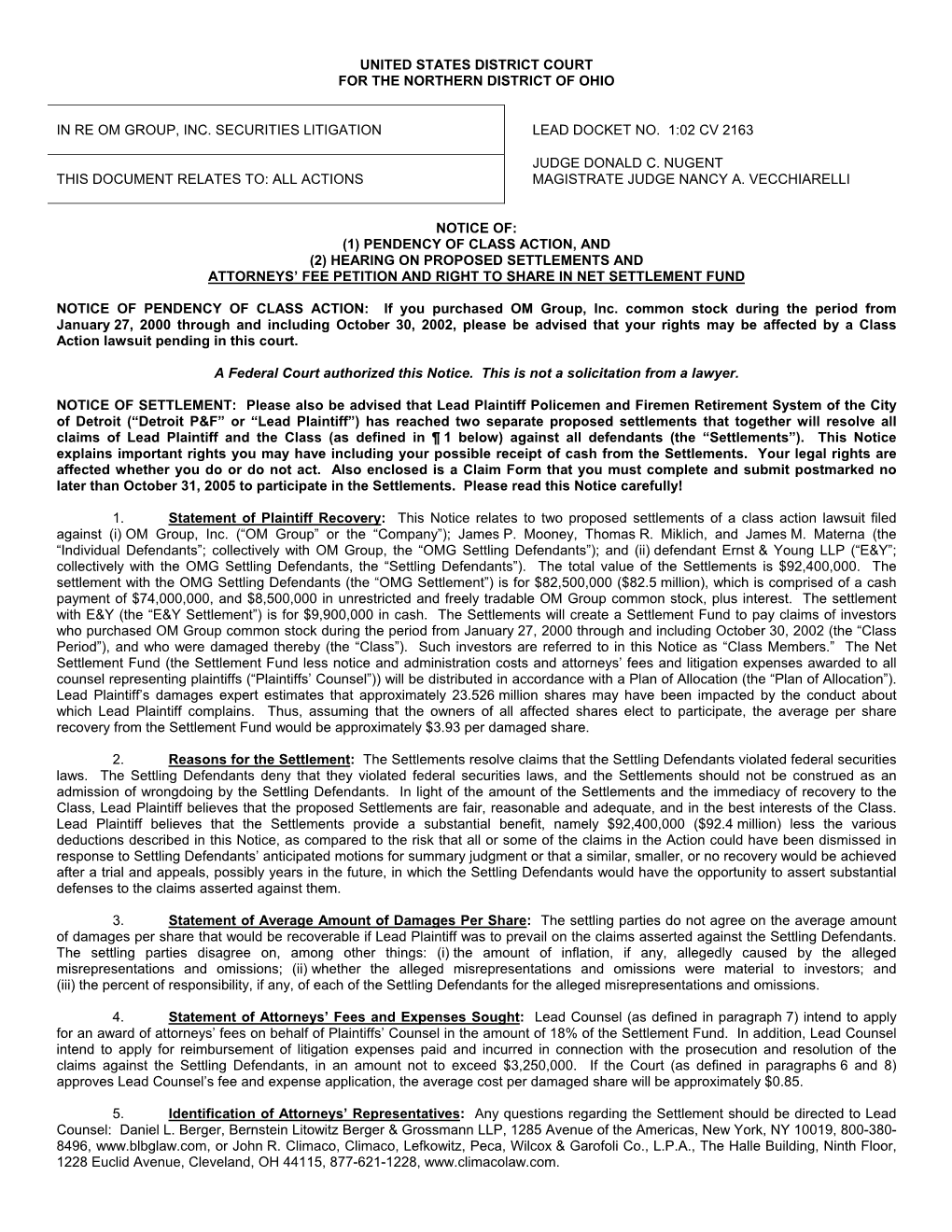 OM Group Inc. Securities Litigation 02-CV-02163-Notice Of