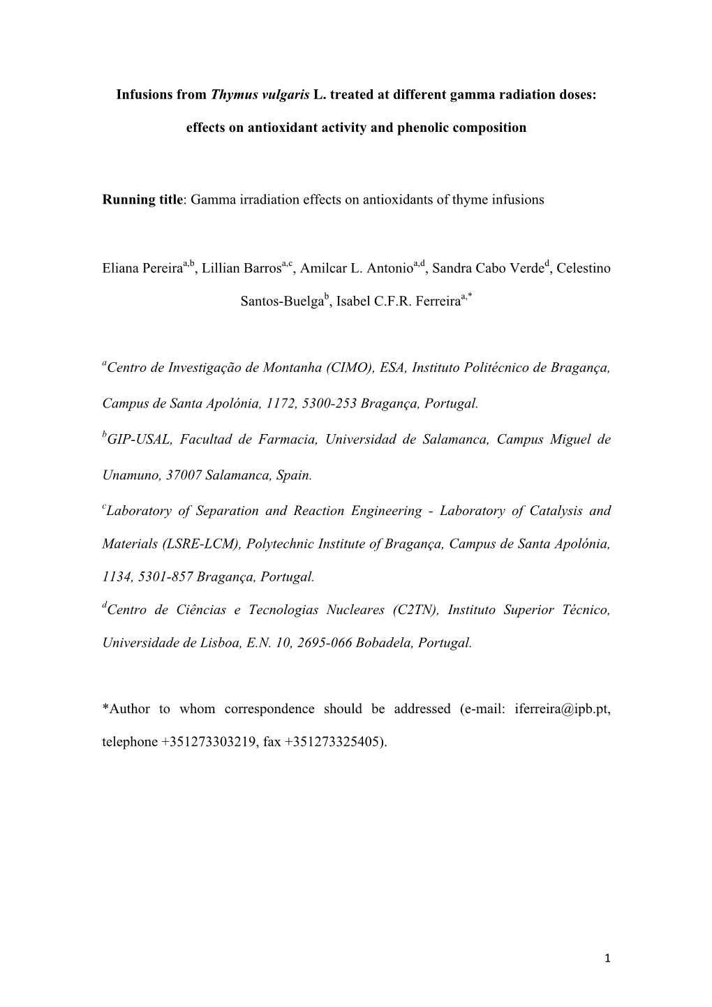 Infusions from Thymus Vulgaris L. Treated at Different Gamma Radiation Doses: Effects on Antioxidant Activity and Phenolic Compo