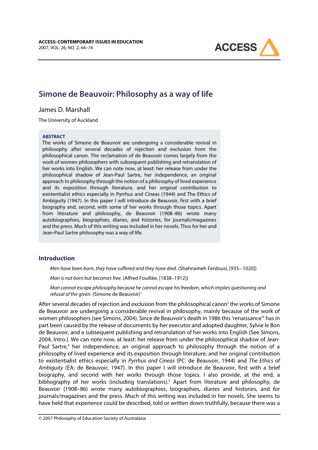 Simone De Beauvoir: Philosophy As a Way of Life