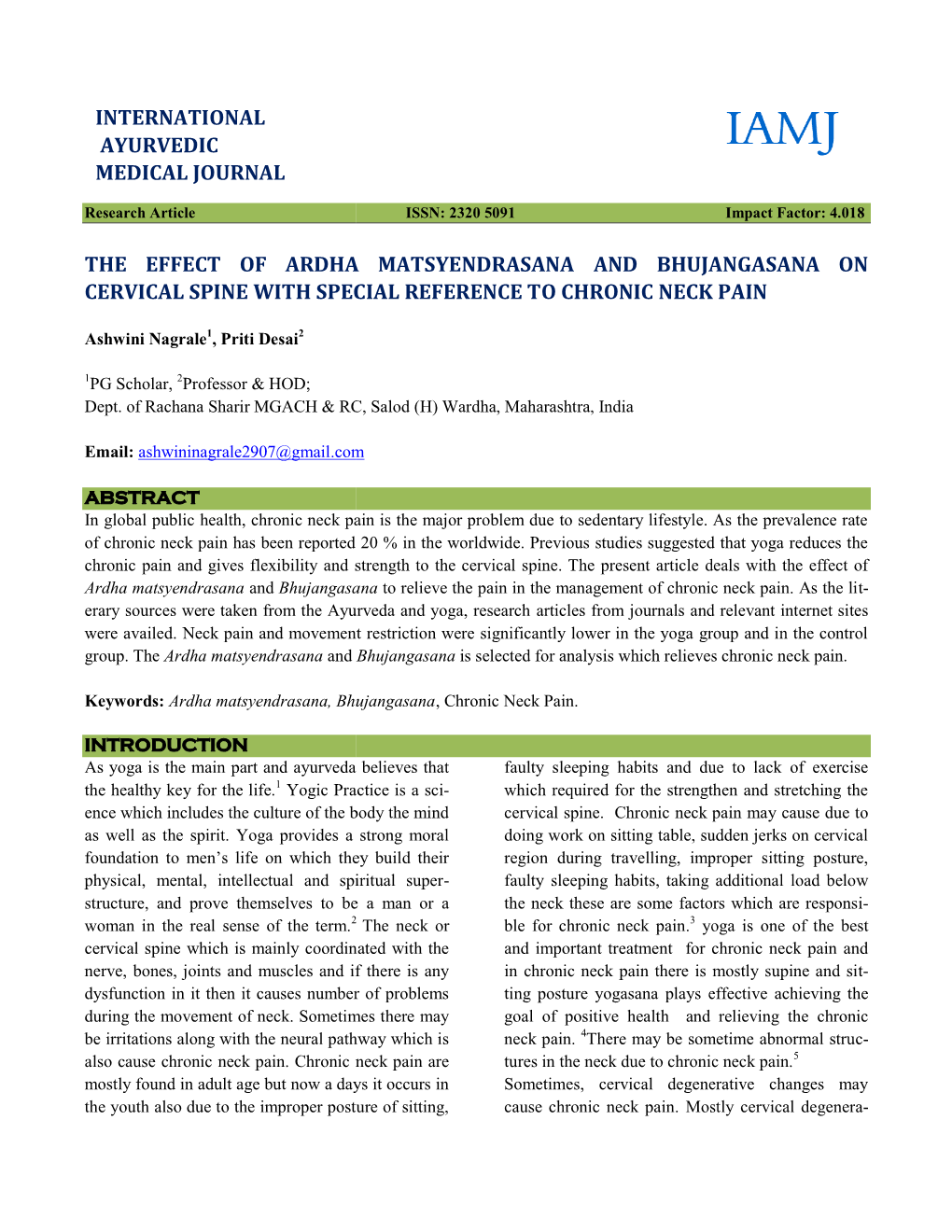 The Effect of Ardha Matsyendrasana and Bhujangasana on Cervical Spine with Special Reference to Chronic Neck Pain