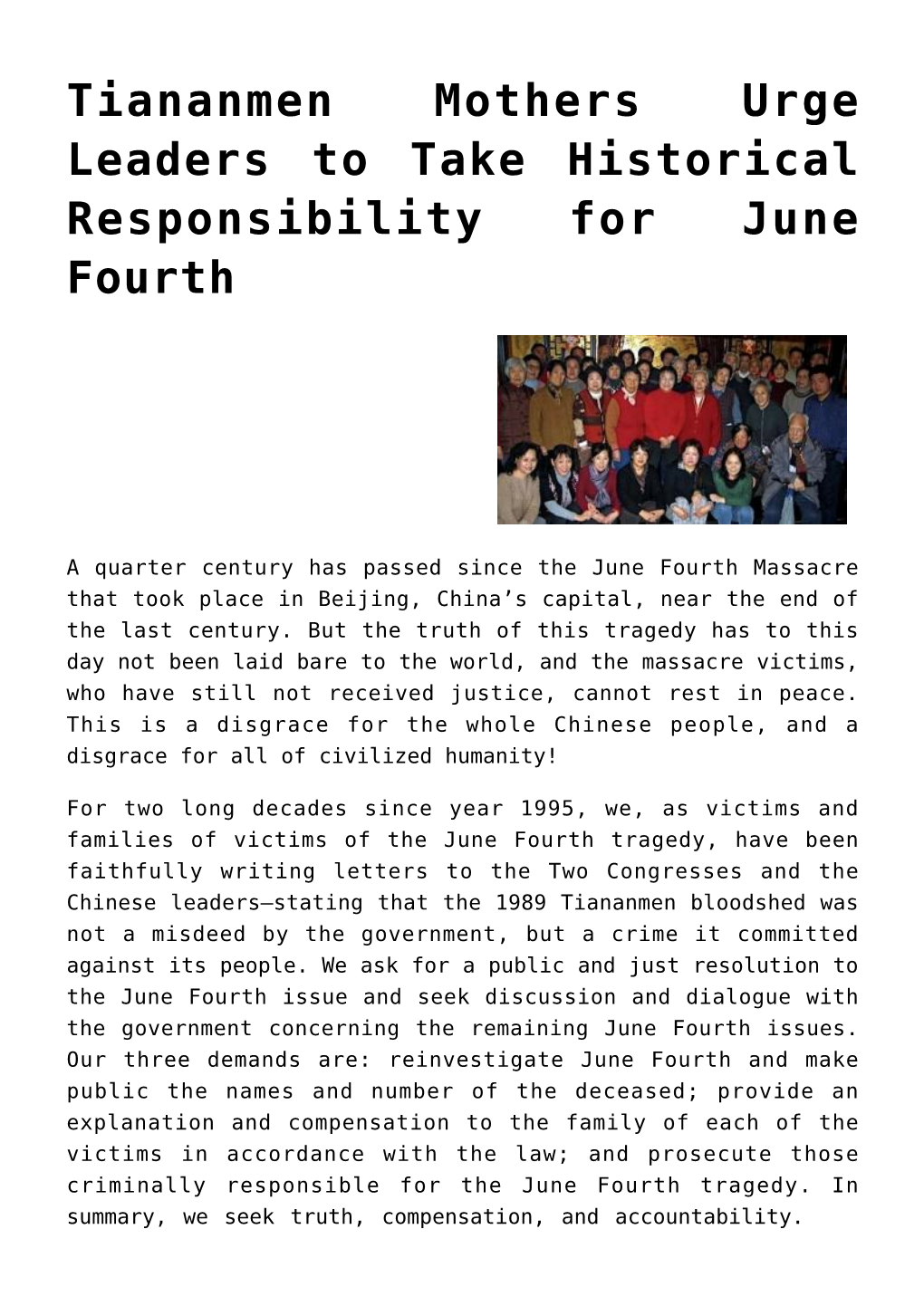 Tiananmen Mothers Urge Leaders to Take Historical Responsibility for June Fourth