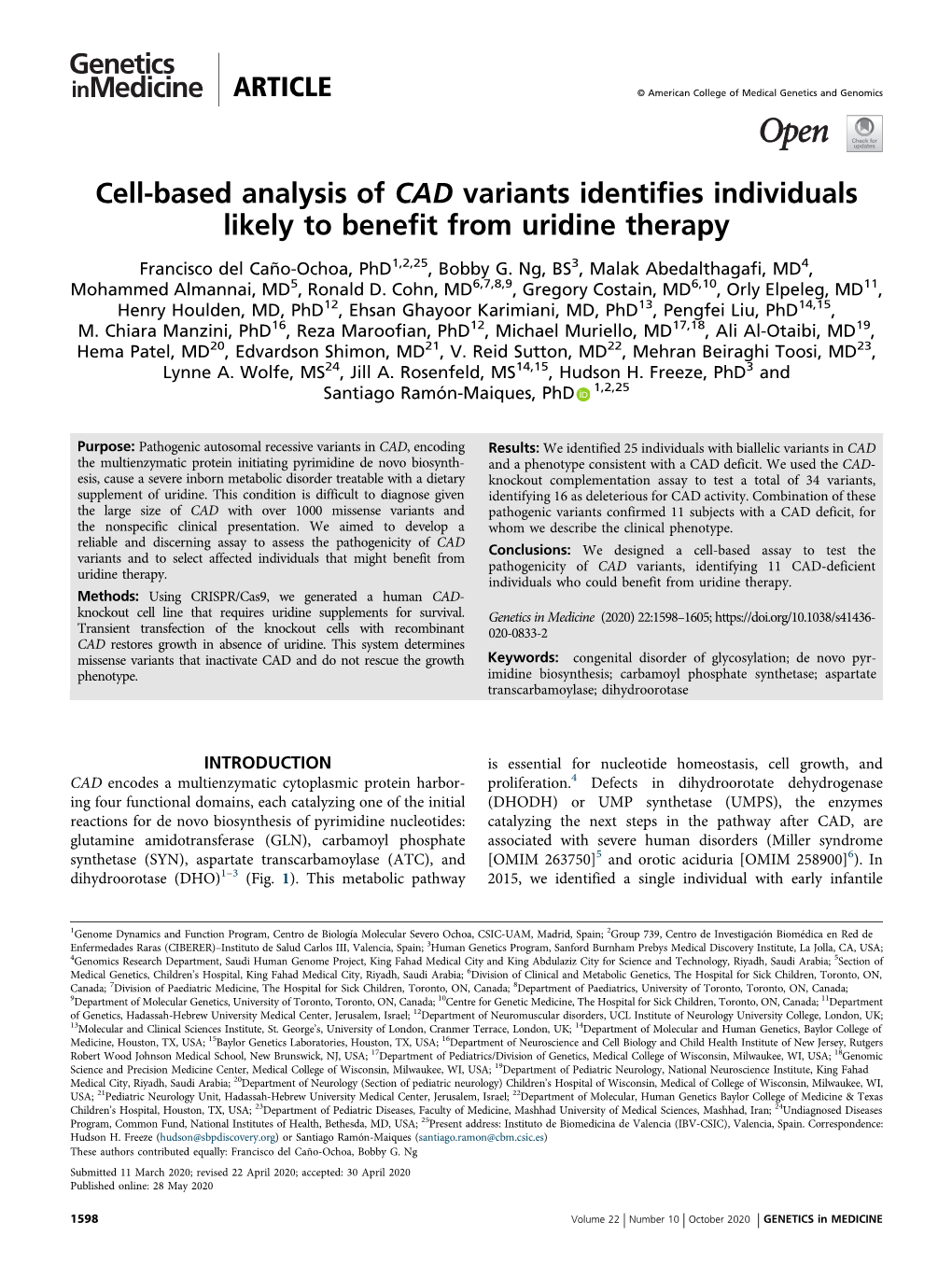 Cell-Based Analysis of CAD Variants Identifies Individuals Likely to Benefit from Uridine Therapy