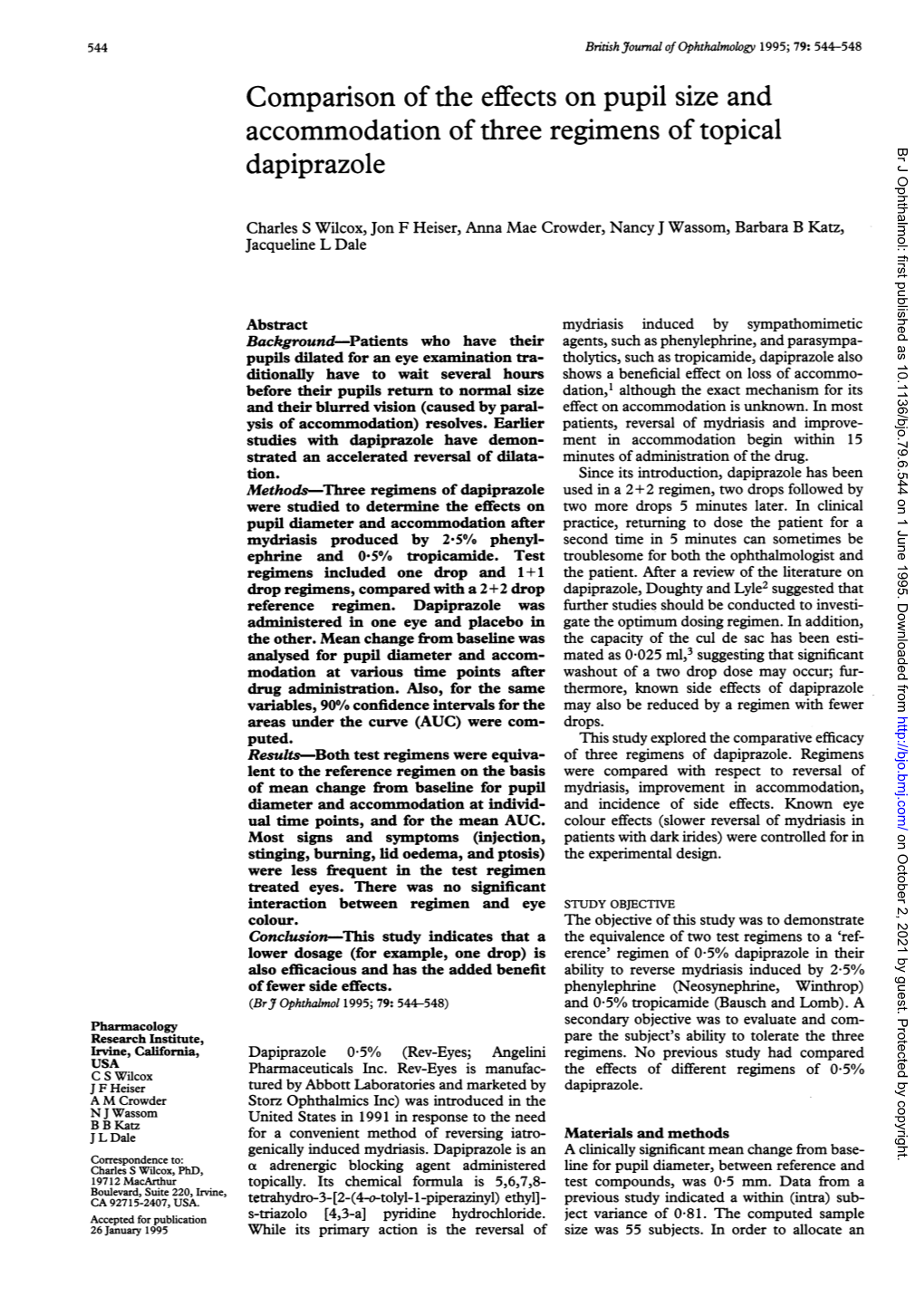 Accommodation of Three Regimens of Topical Dapiprazole Br J Ophthalmol: First Published As 10.1136/Bjo.79.6.544 on 1 June 1995