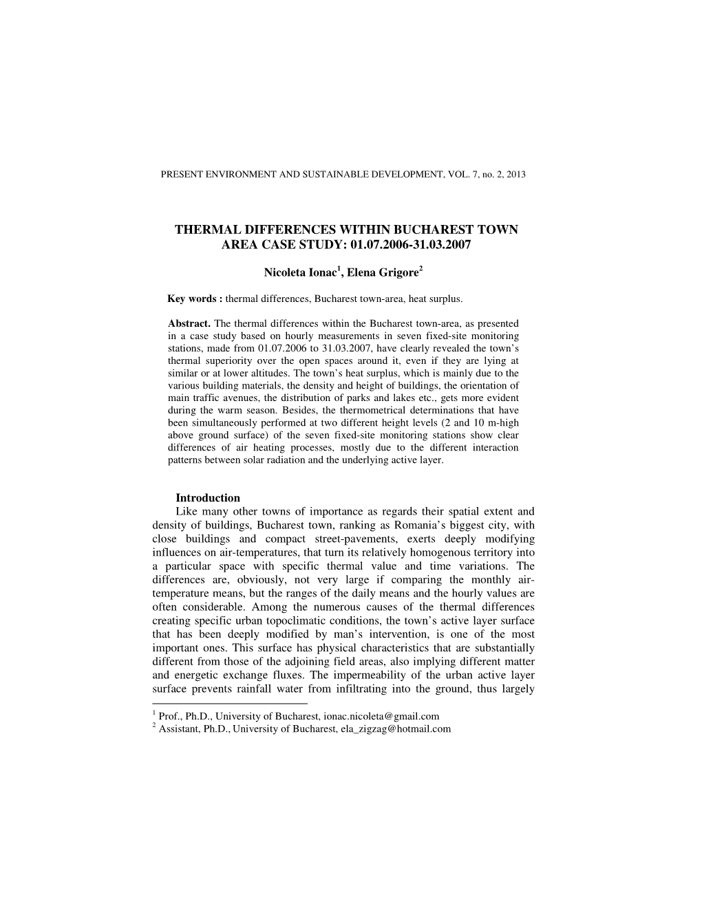 Thermal Differences Within Bucharest Town Area. Case Study