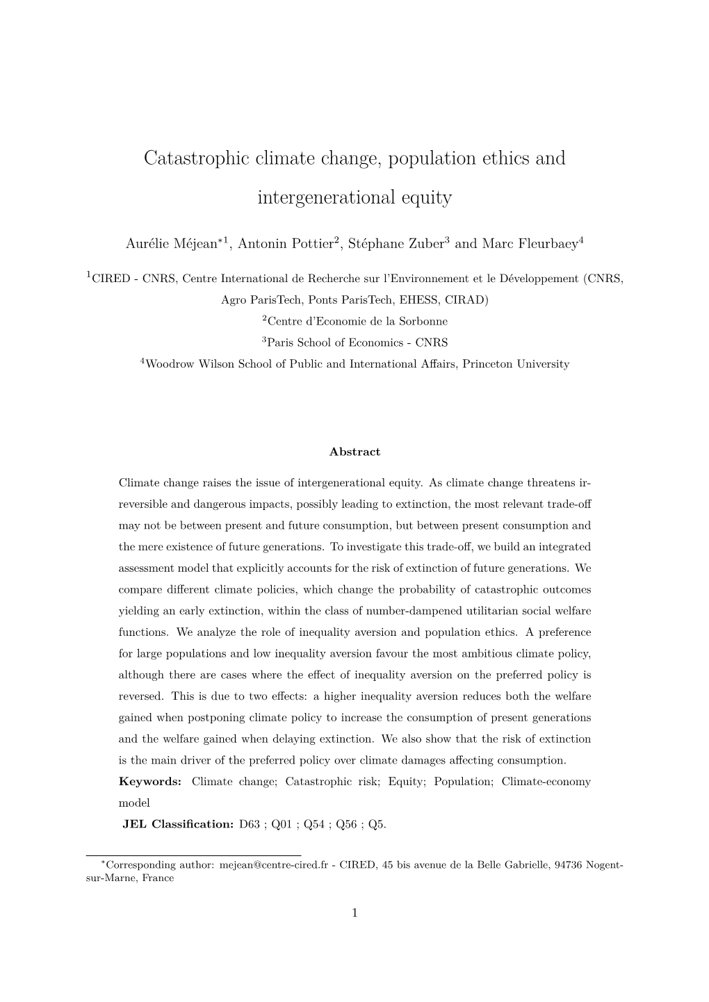 Catastrophic Climate Change, Population Ethics and Intergenerational Equity