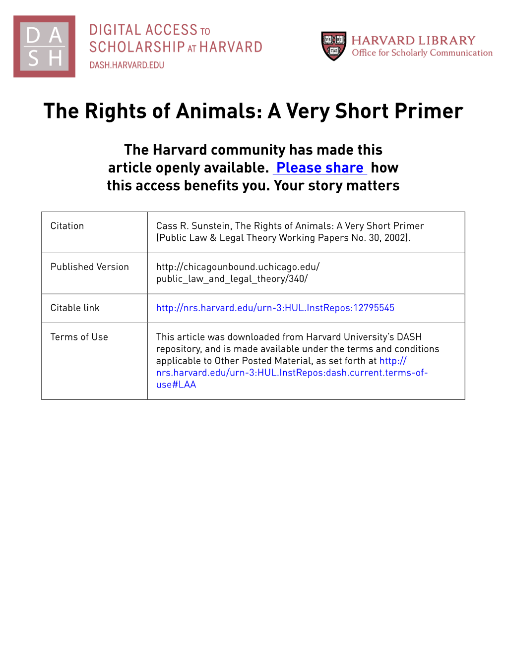 The Rights of Animals: a Very Short Primer