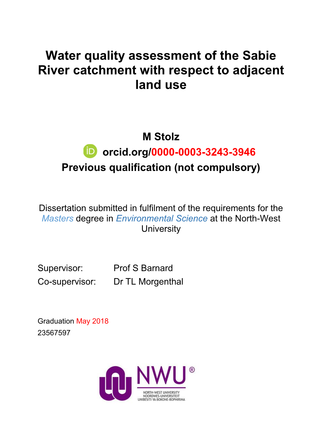 Water Quality Assessment of the Sabie River Catchment with Respect to Adjacent Land Use