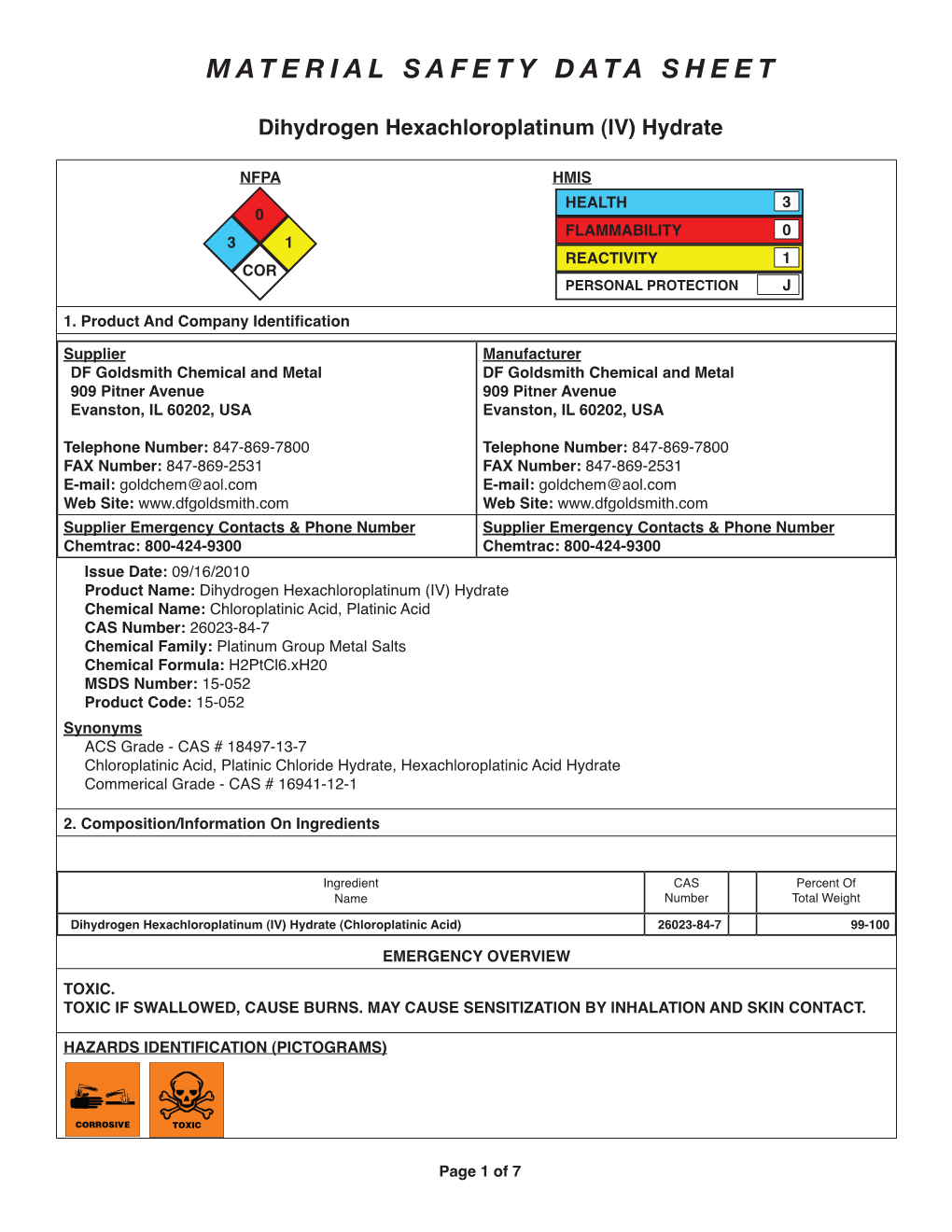 Material Safety Data Sheet