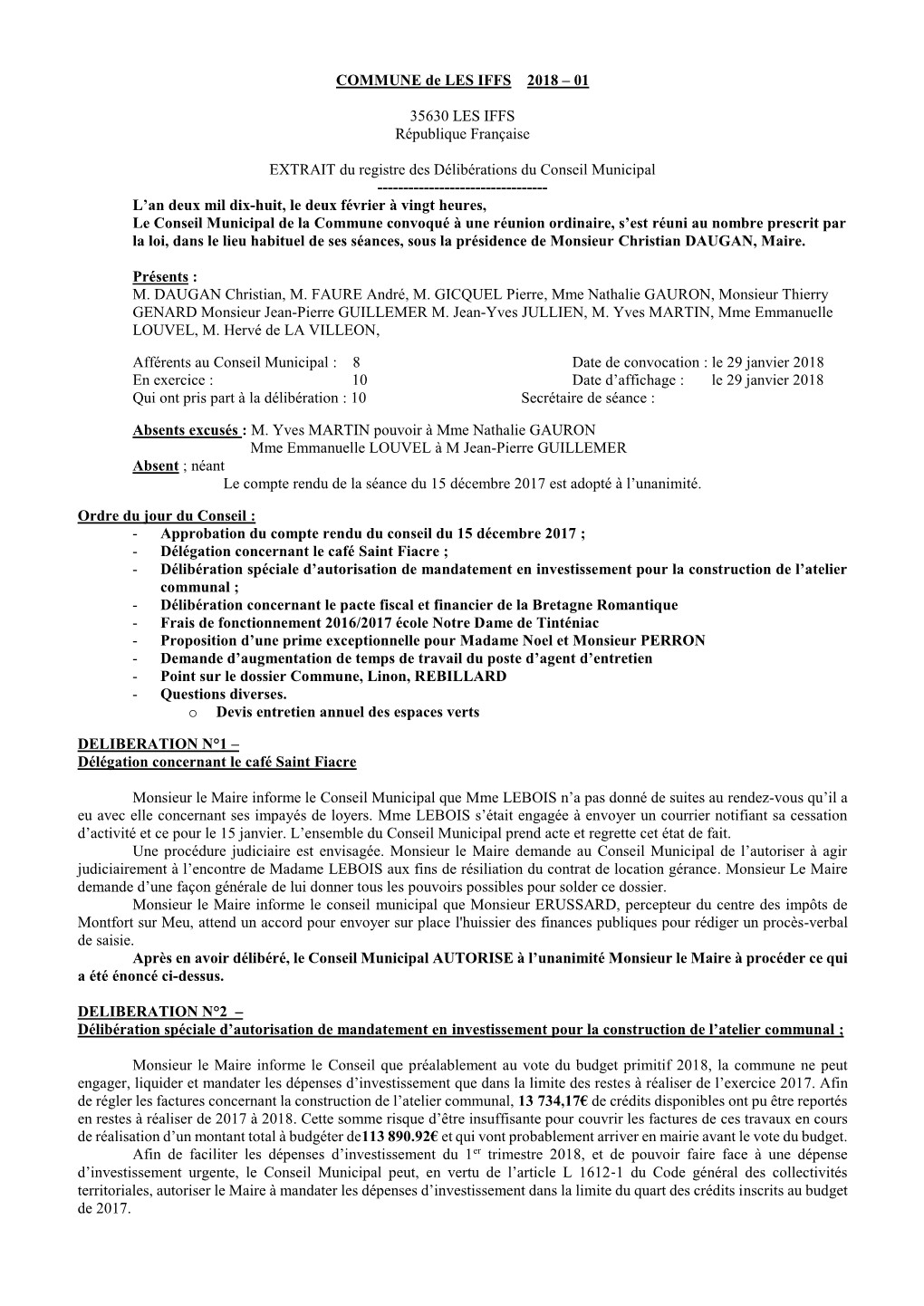 01 35630 LES IFFS République Française EXTRAIT Du Registre Des Délibérations Du Conseil Municip