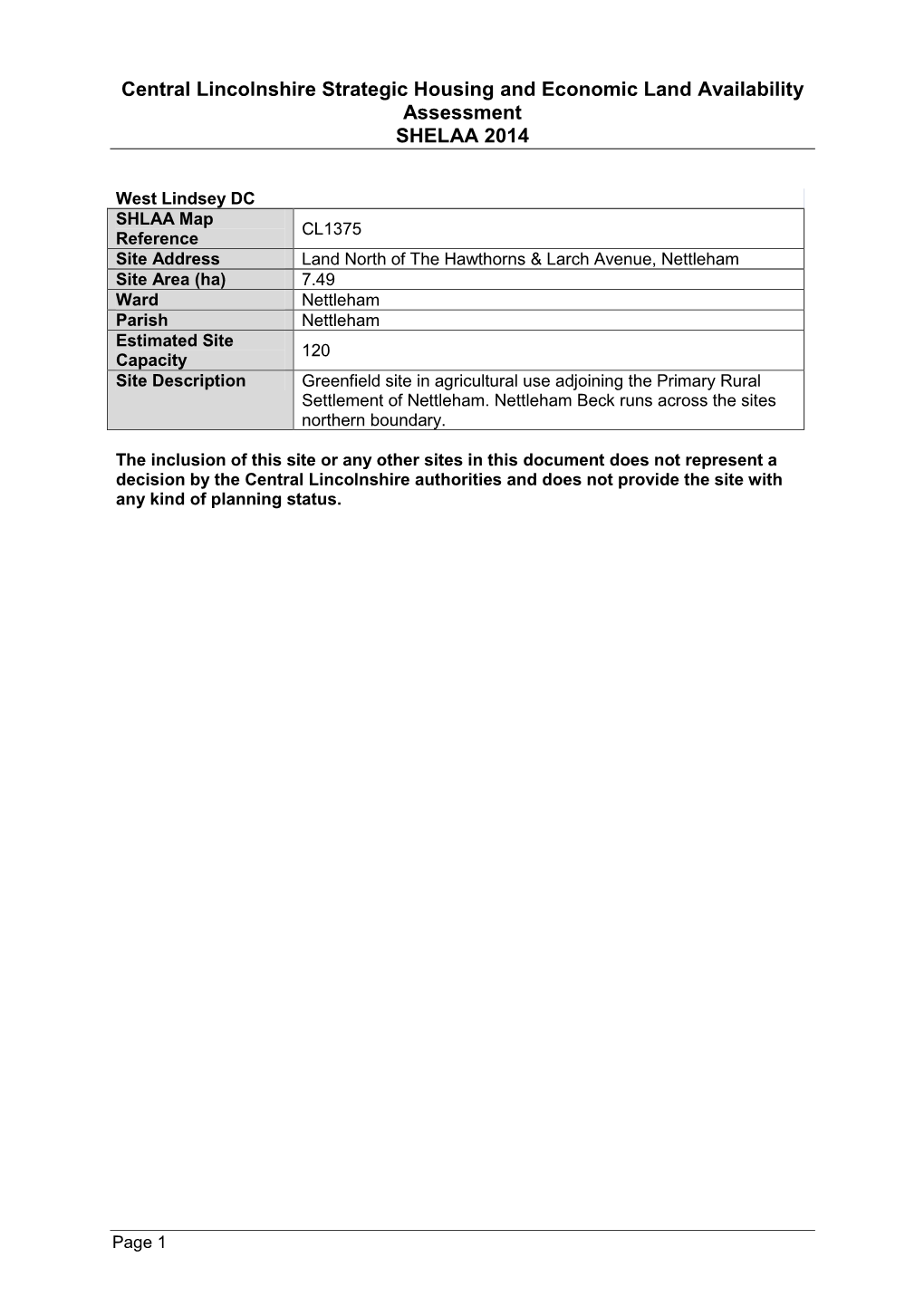 Central Lincolnshire Strategic Housing and Economic Land Availability Assessment SHELAA 2014