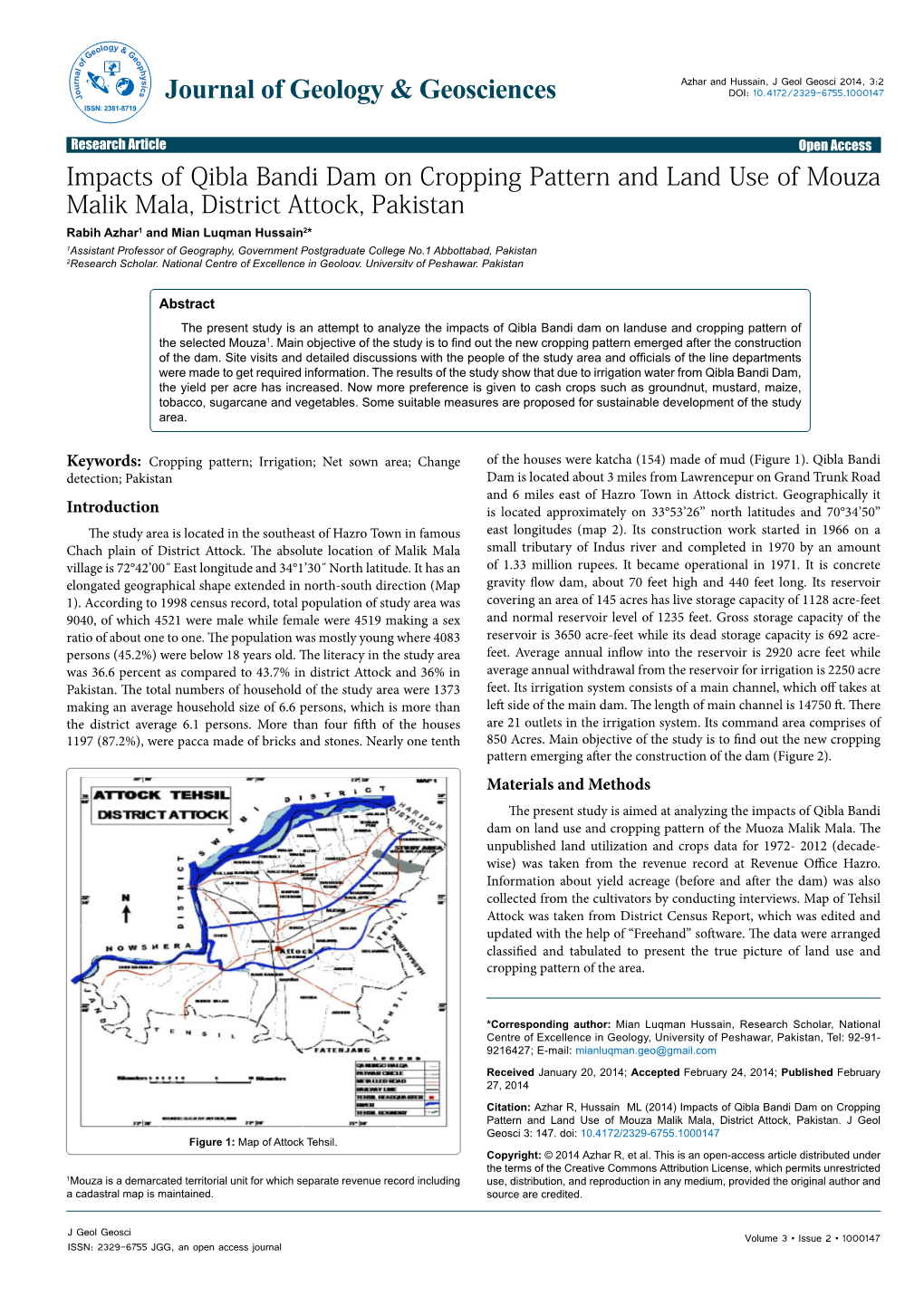 Impacts of Qibla Bandi Dam on Cropping Pattern and Land Use Of