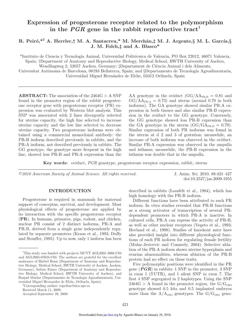 Expression of Progesterone Receptor Related to the Polymorphism in the PGR Gene in the Rabbit Reproductive Tract1