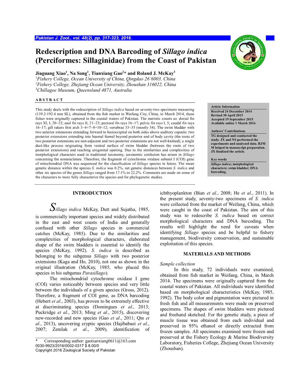 Redescription and DNA Barcoding of Sillago Indica (Perciformes: Sillaginidae) from the Coast of Pakistan