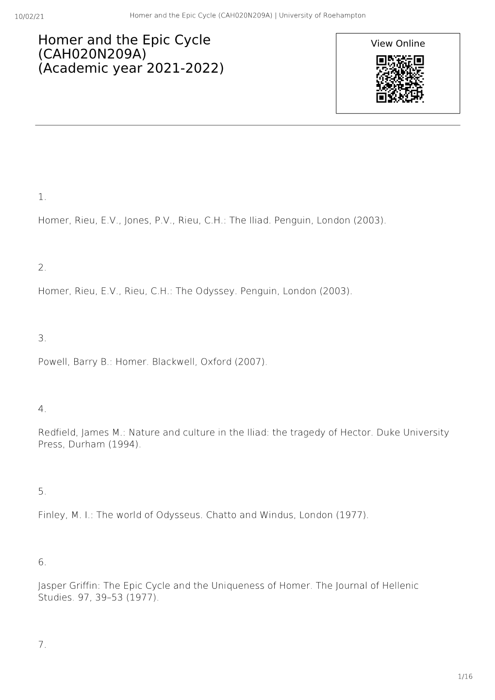 Homer and the Epic Cycle (CAH020N209A) | University of Roehampton