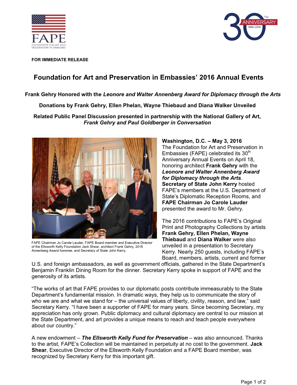 Foundation for Art and Preservation in Embassies' 2016 Annual Events