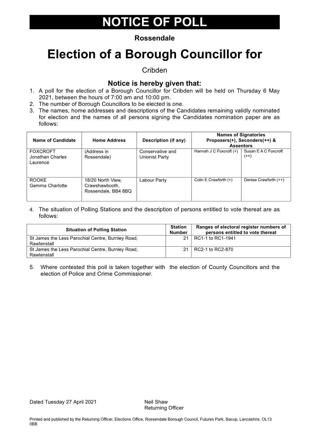 NOTICE of POLL Election of a Borough Councillor