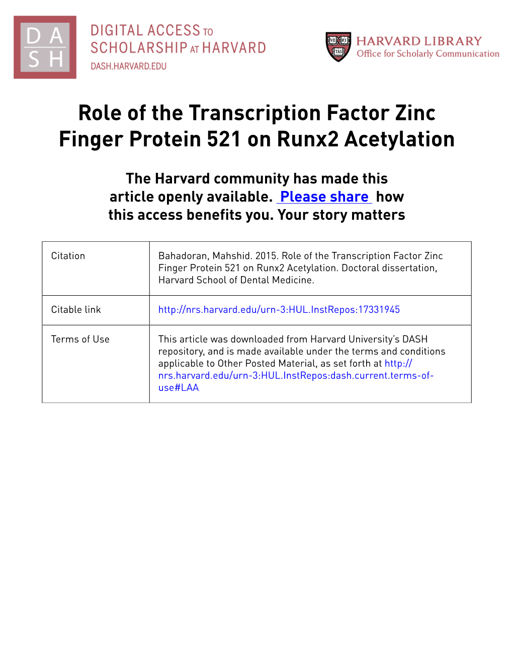 Role of the Transcription Factor Zinc Finger Protein 521 on Runx2 Acetylation