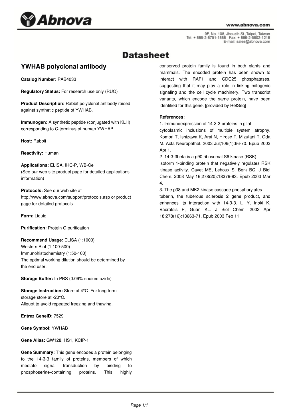 YWHAB Polyclonal Antibody Conserved Protein Family Is Found in Both Plants and Mammals