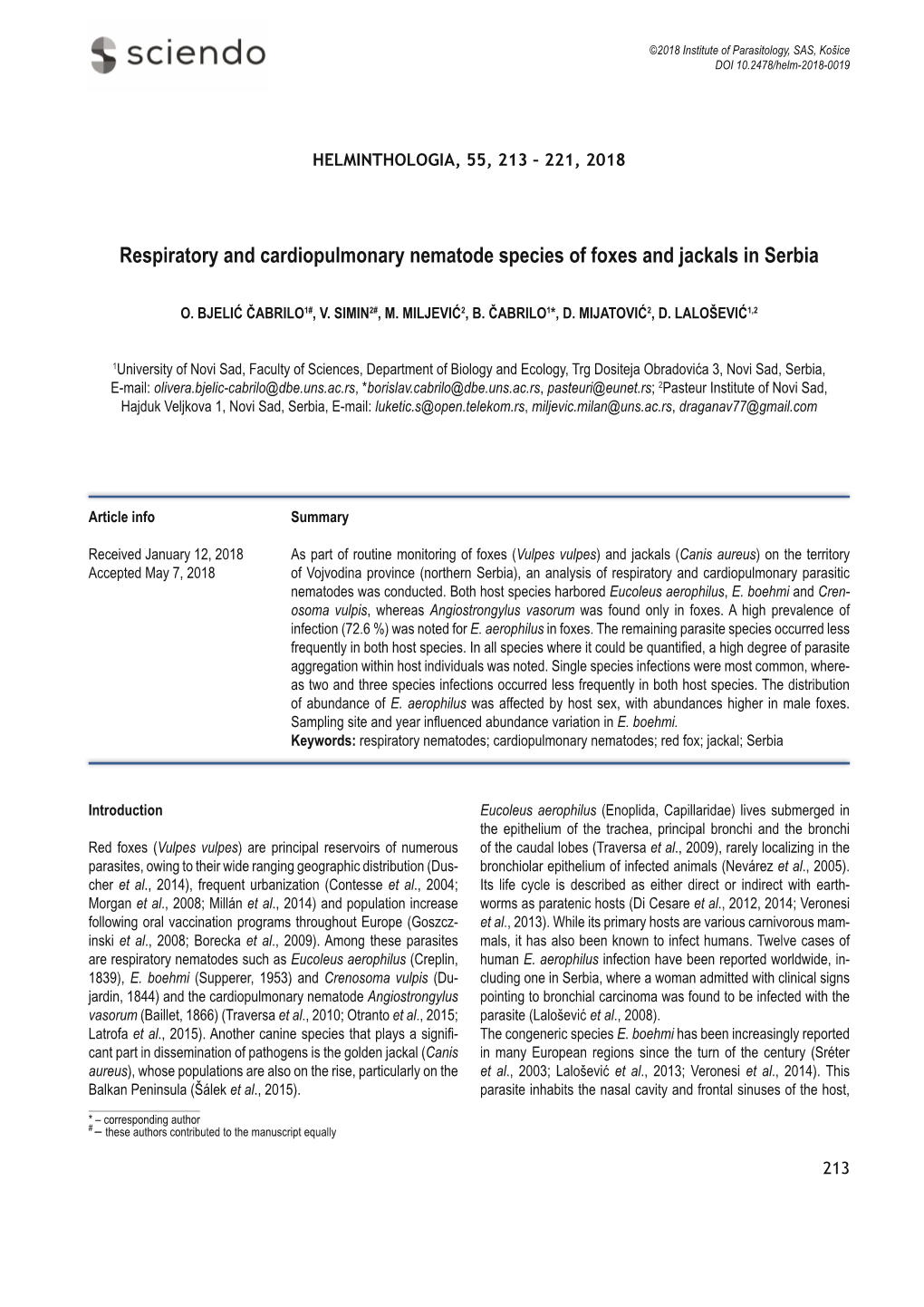 Respiratory and Cardiopulmonary Nematode Species of Foxes and Jackals in Serbia