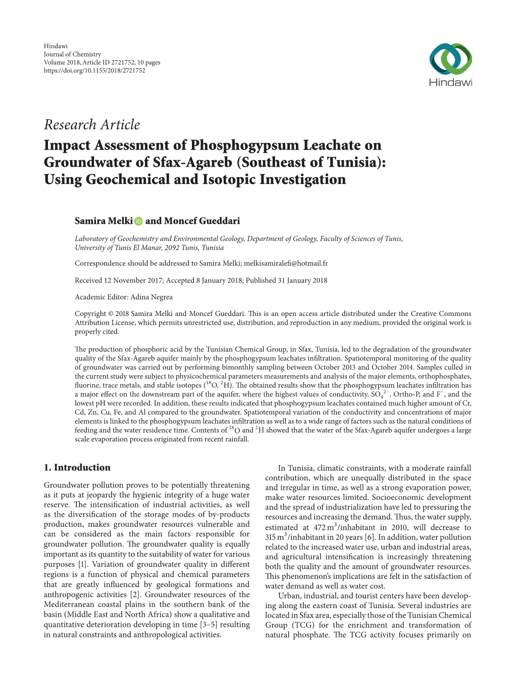 Impact Assessment of Phosphogypsum Leachate on Groundwater of Sfax-Agareb (Southeast of Tunisia): Using Geochemical and Isotopic Investigation