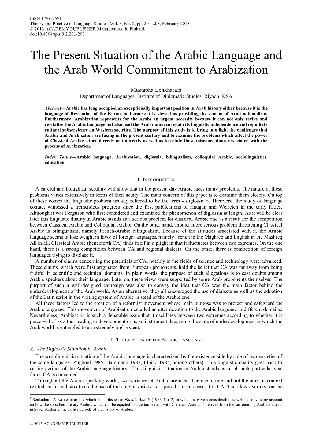 The Present Situation of the Arabic Language and the Arab World Commitment to Arabization