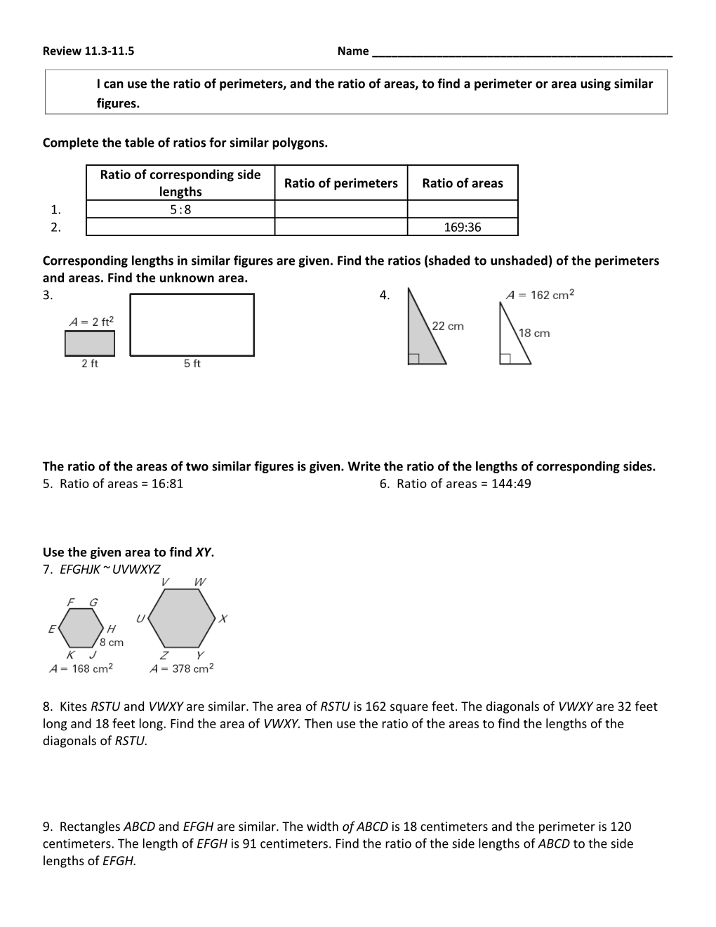 Complete the Table of Ratios for Similar Polygons