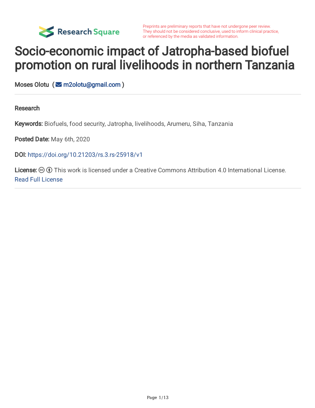 Socio-Economic Impact of Jatropha-Based Biofuel Promotion on Rural Livelihoods in Northern Tanzania