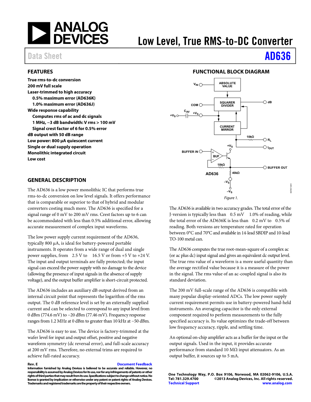 AD636 Low Level, True RMS-To-DC Converter