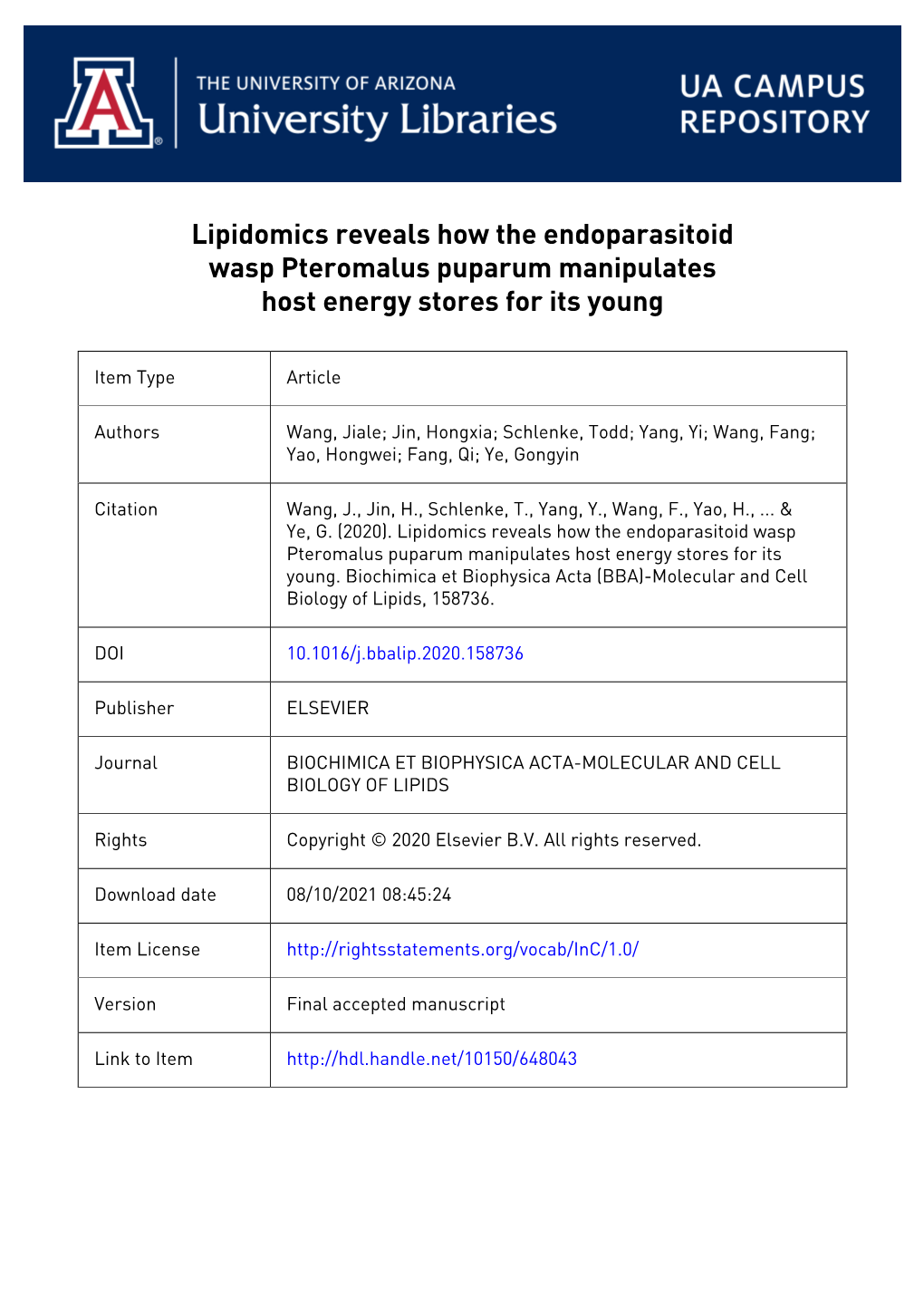 Lipidomics Reveals How the Endoparasitoid Wasp Pteromalus Puparum Manipulates Host Energy Stores for Its Young