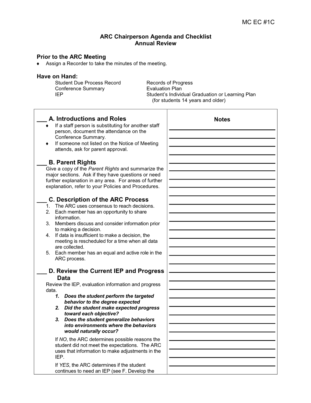 ARC Chairperson Agenda and Checklist Annual Review