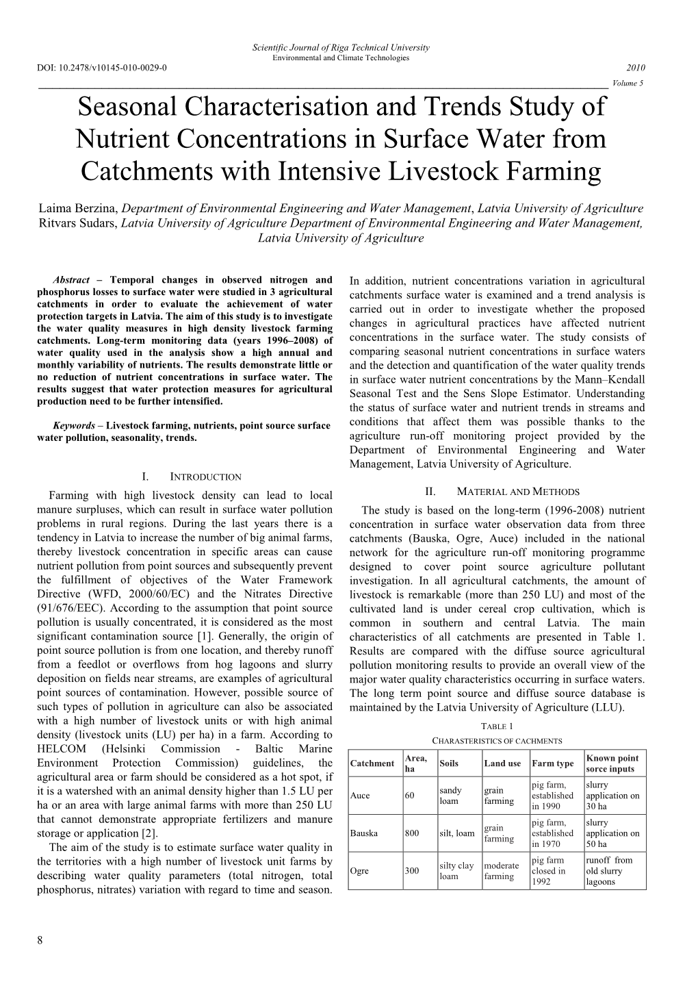 Seasonal Characterisation and Trends Study of Nutrient Concentrations in Surface Water from Catchments with Intensive Livestock Farming