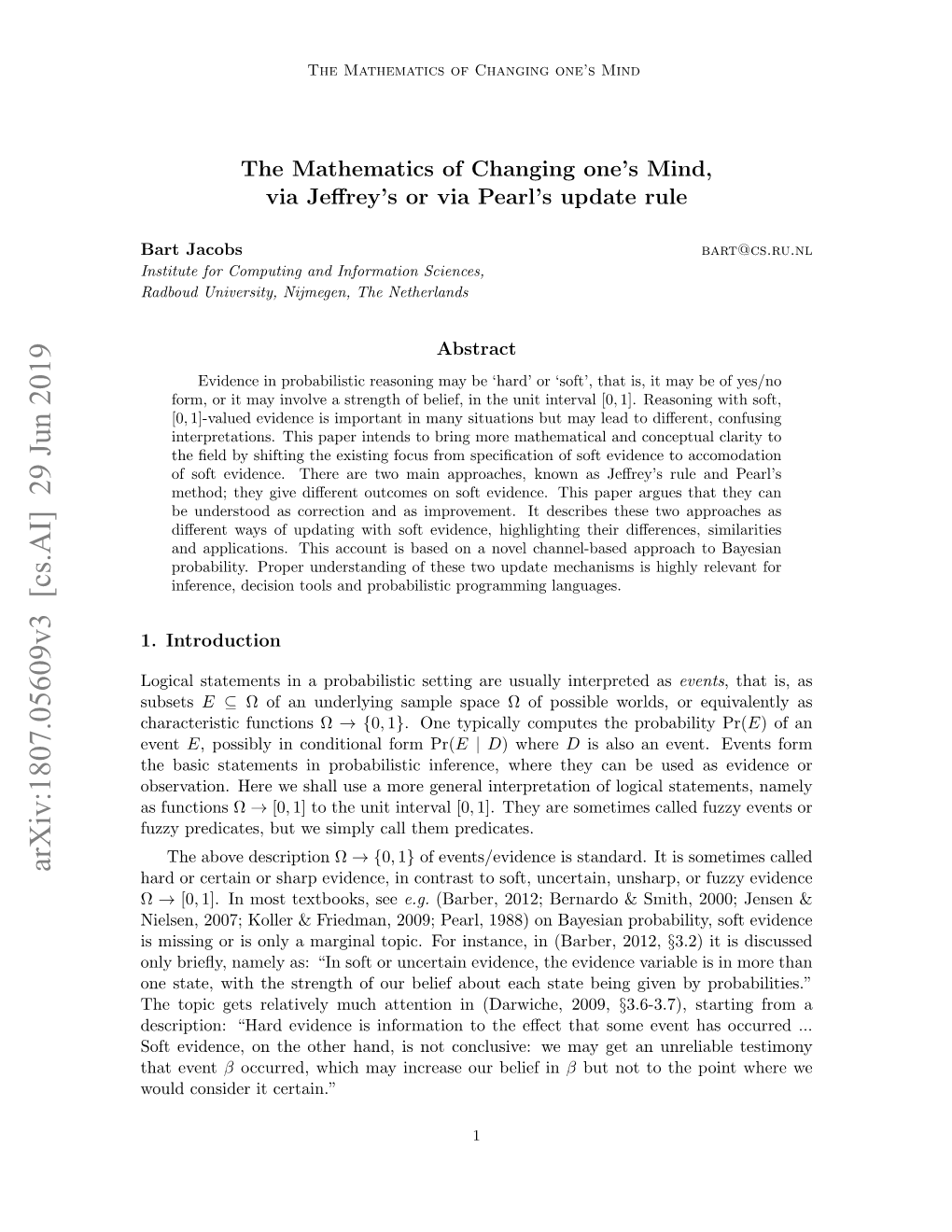 Arxiv:1807.05609V3 [Cs.AI] 29 Jun 2019 Hard Or Certain Or Sharp Evidence, in Contrast to Soft, Uncertain, Unsharp, Or Fuzzy Evidence Ω → [0, 1]