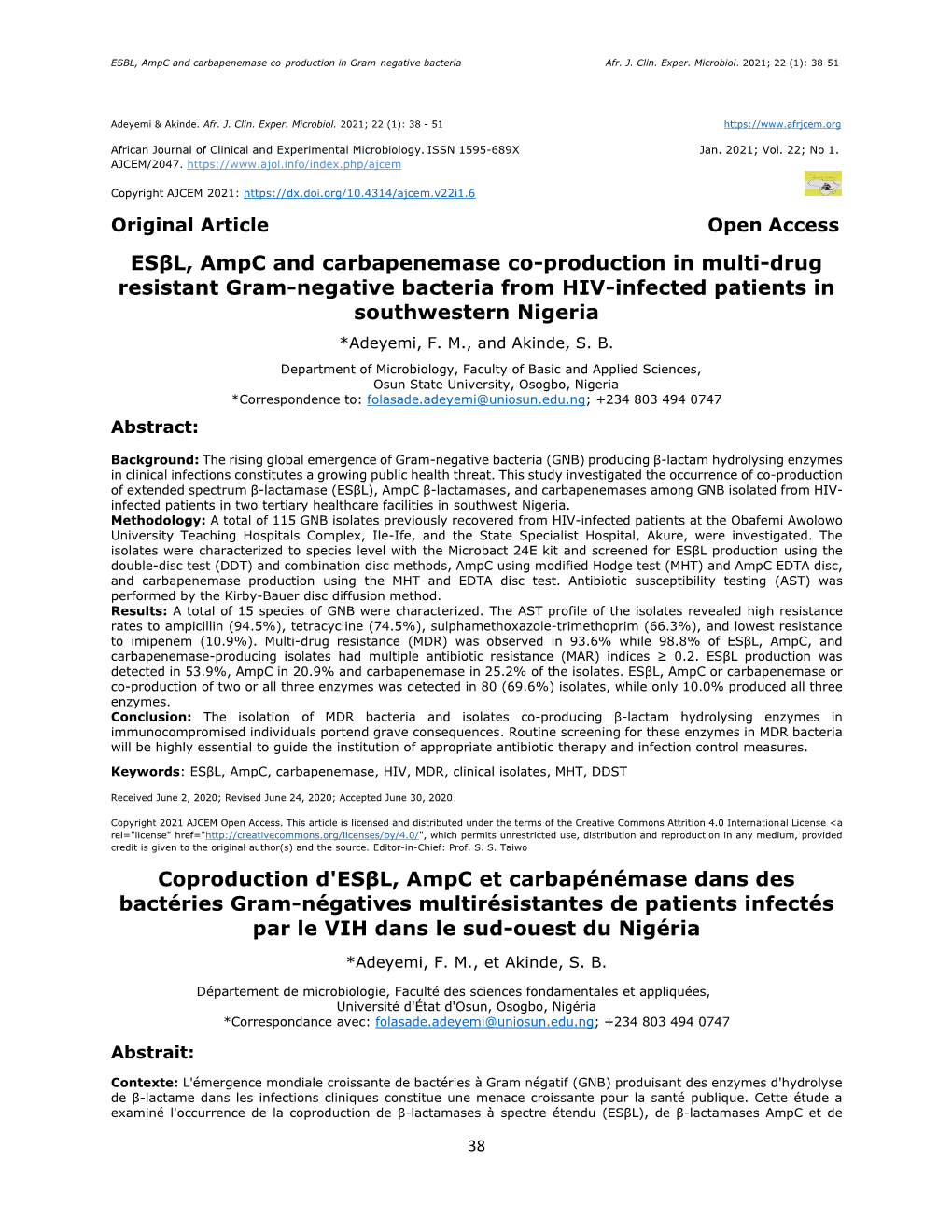 Esβl, Ampc and Carbapenemase Co-Production in Multi-Drug Resistant Gram-Negative Bacteria from HIV-Infected Patients in Southwestern Nigeria *Adeyemi, F