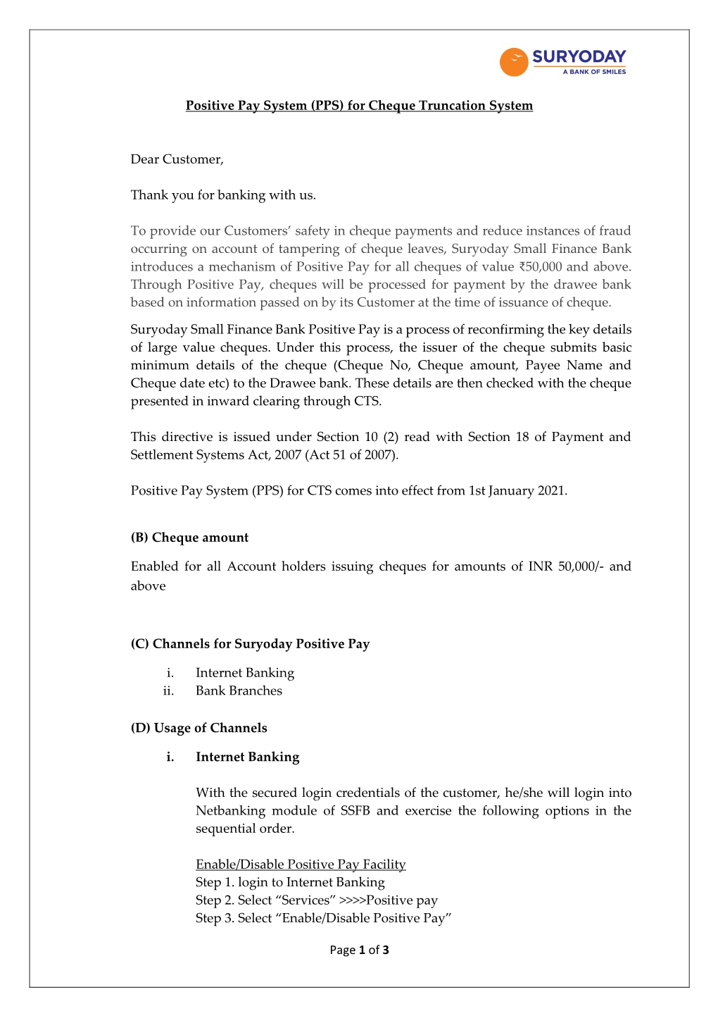 Page 1 of 3 Positive Pay System (PPS) for Cheque Truncation