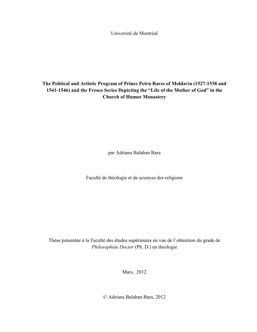 Université De Montréal the Political and Artistic Program of Prince Petru
