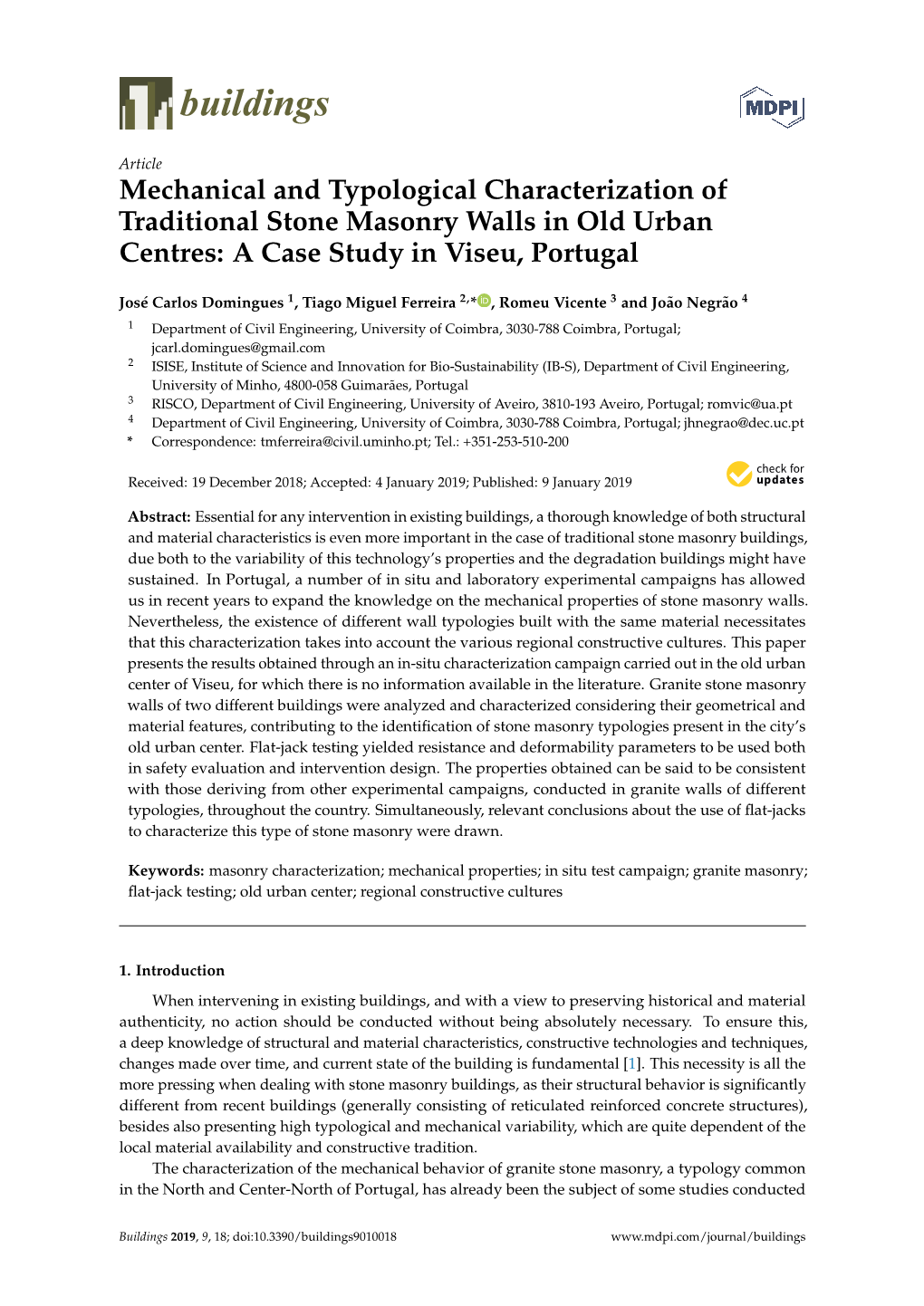 Mechanical and Typological Characterization of Traditional Stone Masonry Walls in Old Urban Centres: a Case Study in Viseu, Portugal