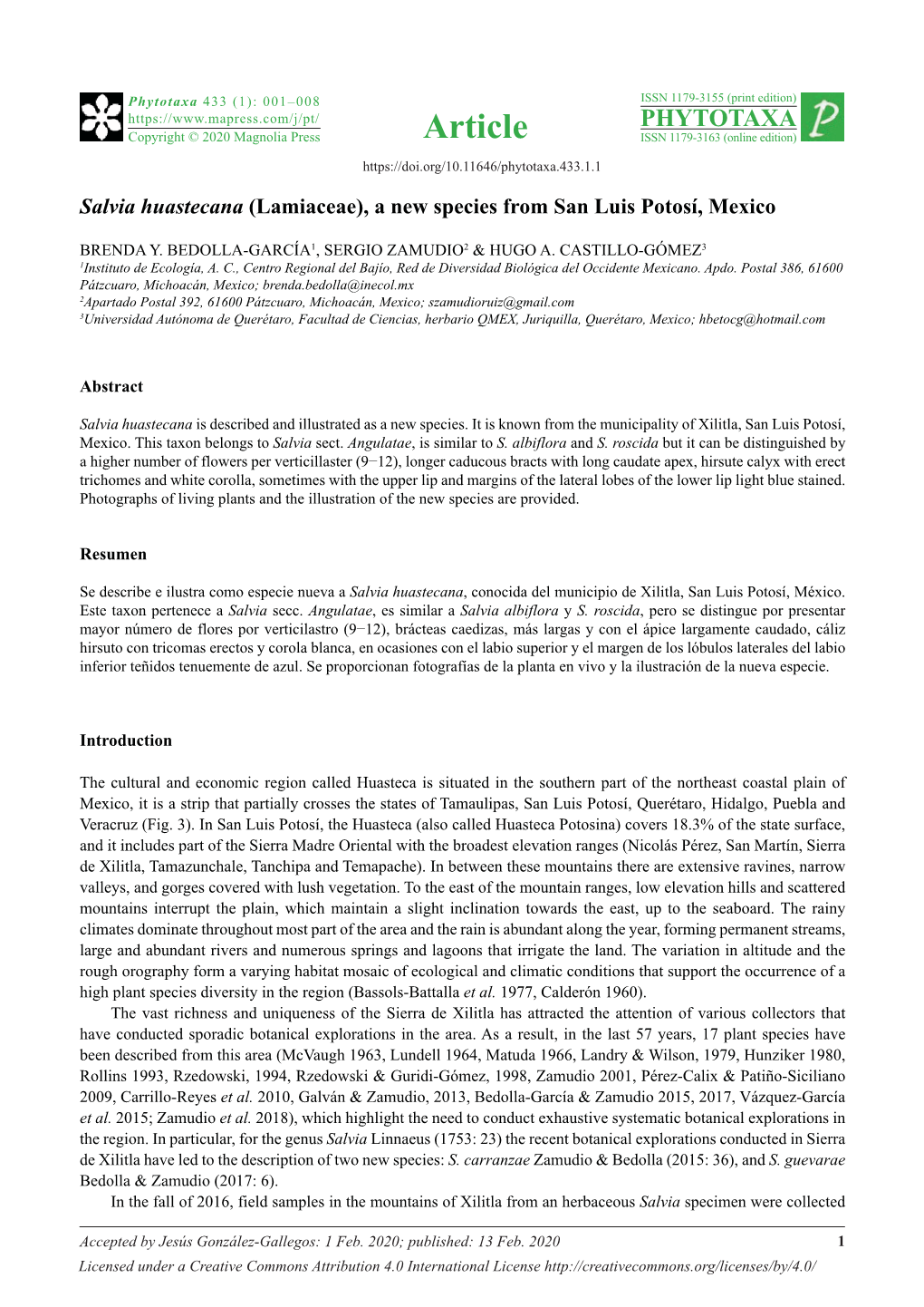 Salvia Huastecana (Lamiaceae), a New Species from San Luis Potosí, Mexico