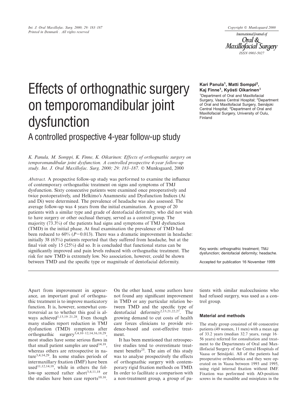 Effects of Orthognathic Surgery on Temporomandibular Joint Dysfunction