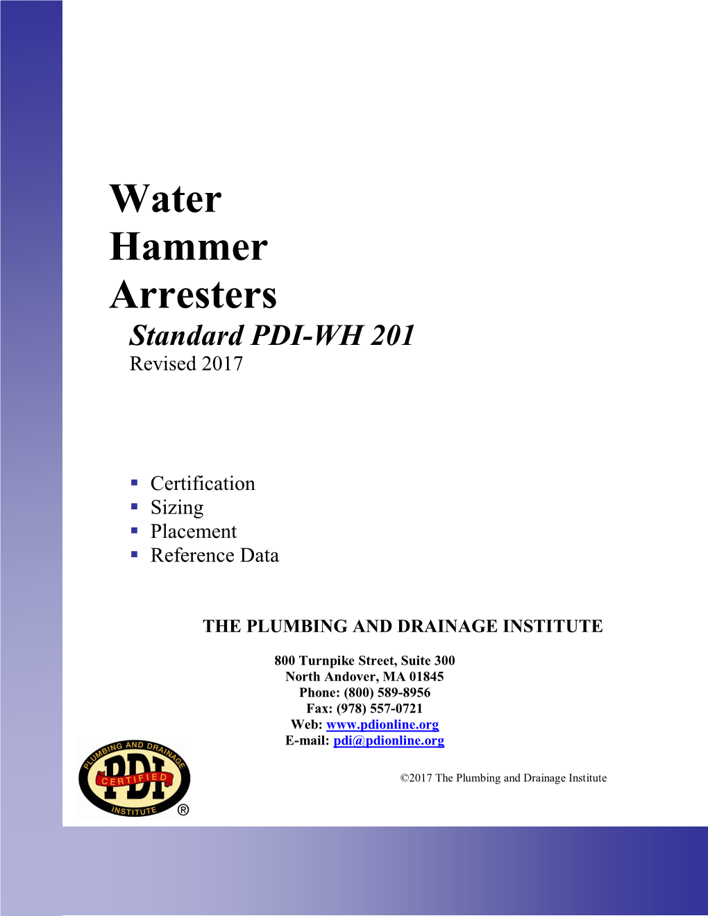 PDI Standard WH 201-2017 — Water Hammer Arresters Standard