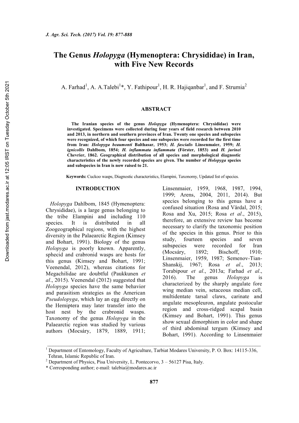 The Genus Holopyga (Hymenoptera: Chrysididae) in Iran, with Five New Records