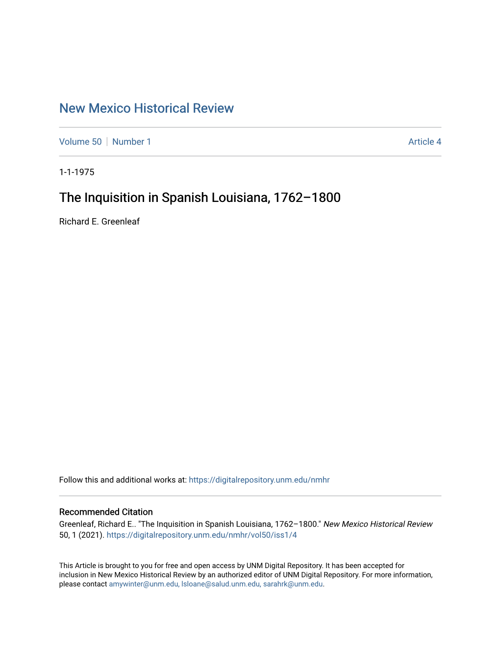 The Inquisition in Spanish Louisiana, 1762Â•Fi1800