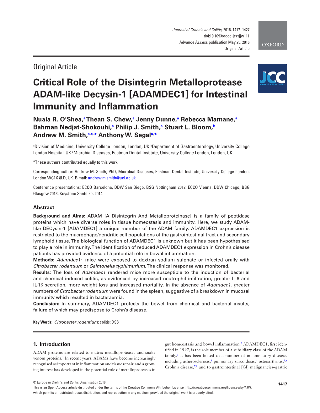 [ADAMDEC1] for Intestinal Immunity and Inflammation Nuala R