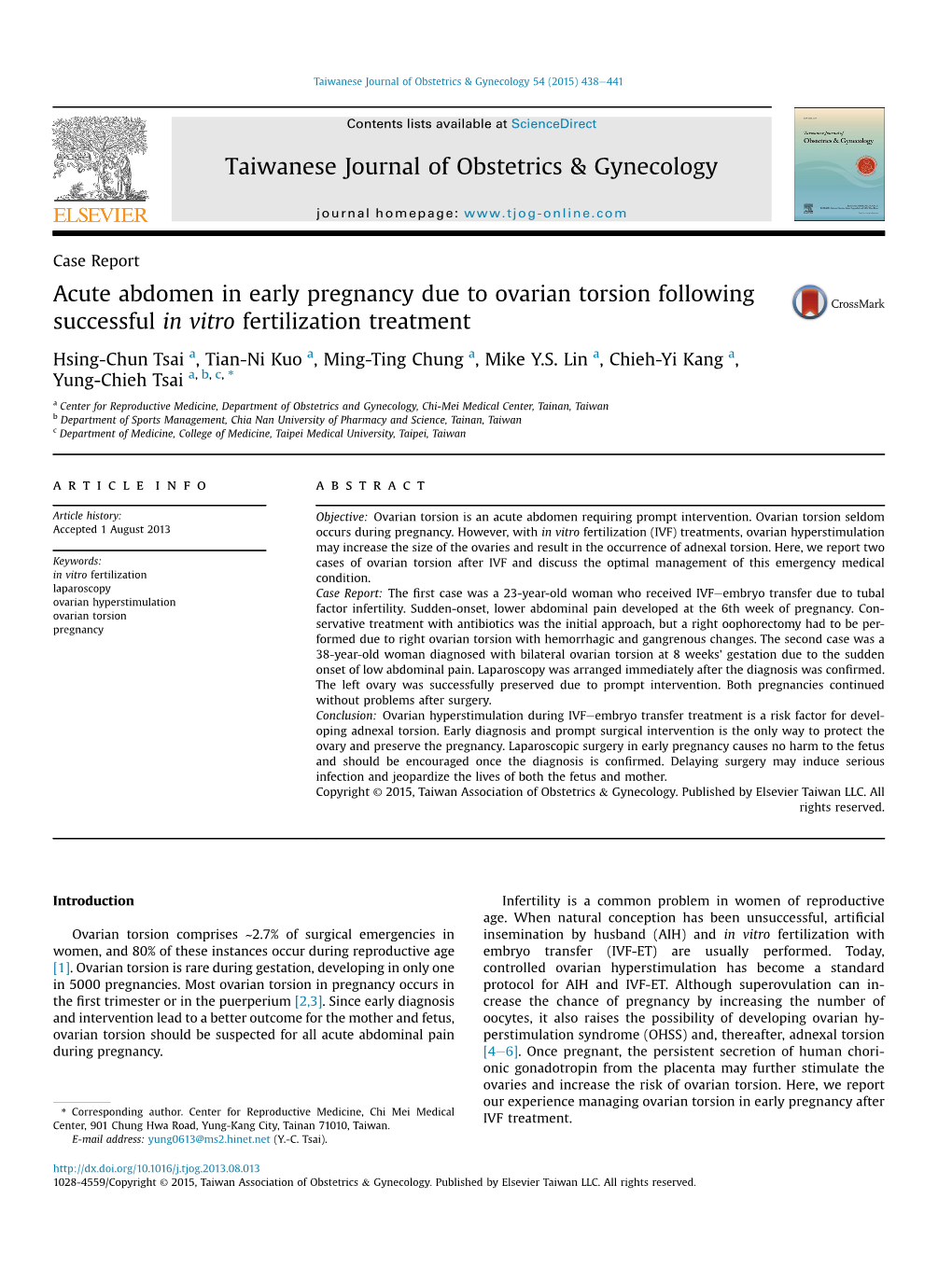 Acute Abdomen in Early Pregnancy Due to Ovarian Torsion Following Successful in Vitro Fertilization Treatment