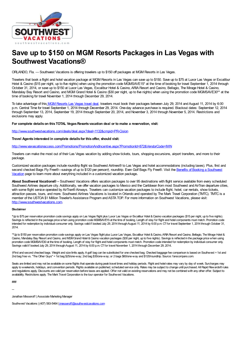 Save up to $150 on MGM Resorts Packages in Las Vegas with Southwest Vacations®