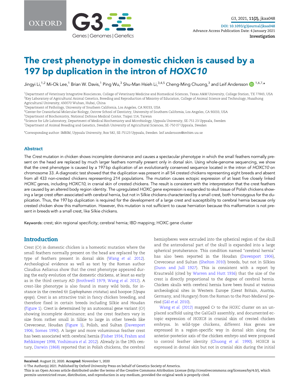 The Crest Phenotype in Domestic Chicken Is Caused by a 197 Bp Duplication in the Intron of HOXC10